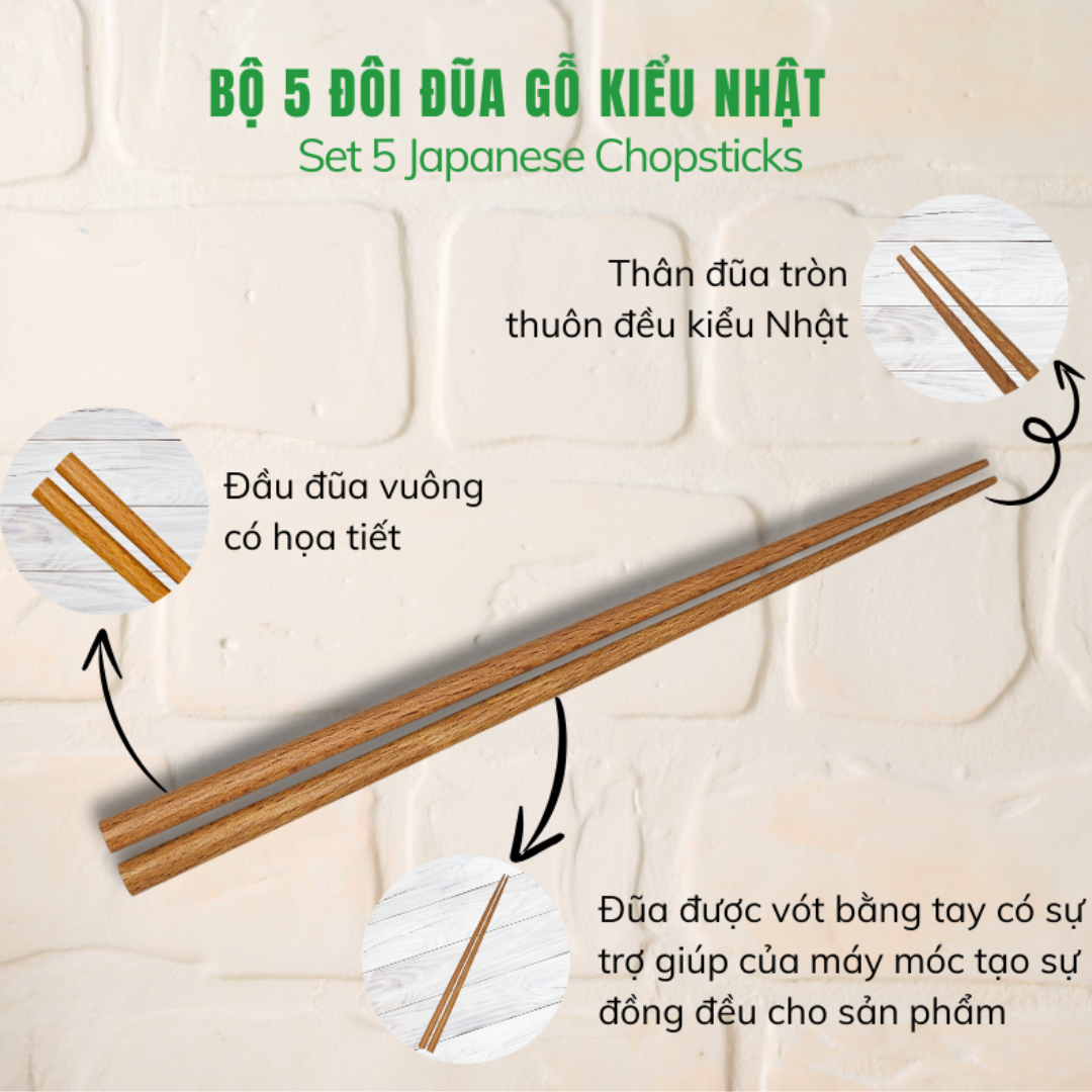 Bộ 5 Đôi Đũa Gỗ Kiểu Nhật Cao Cấp Ohi@ma
